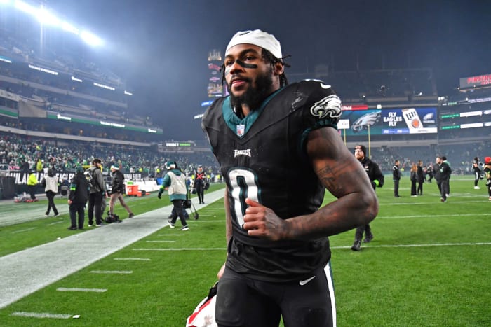 Dec 25, 2023; Philadelphia, Pennsylvania, USA; Philadelphia Eagles running back D'Andre Swift (0) runs off the field after win against the New York Giants at Lincoln Financial Field.